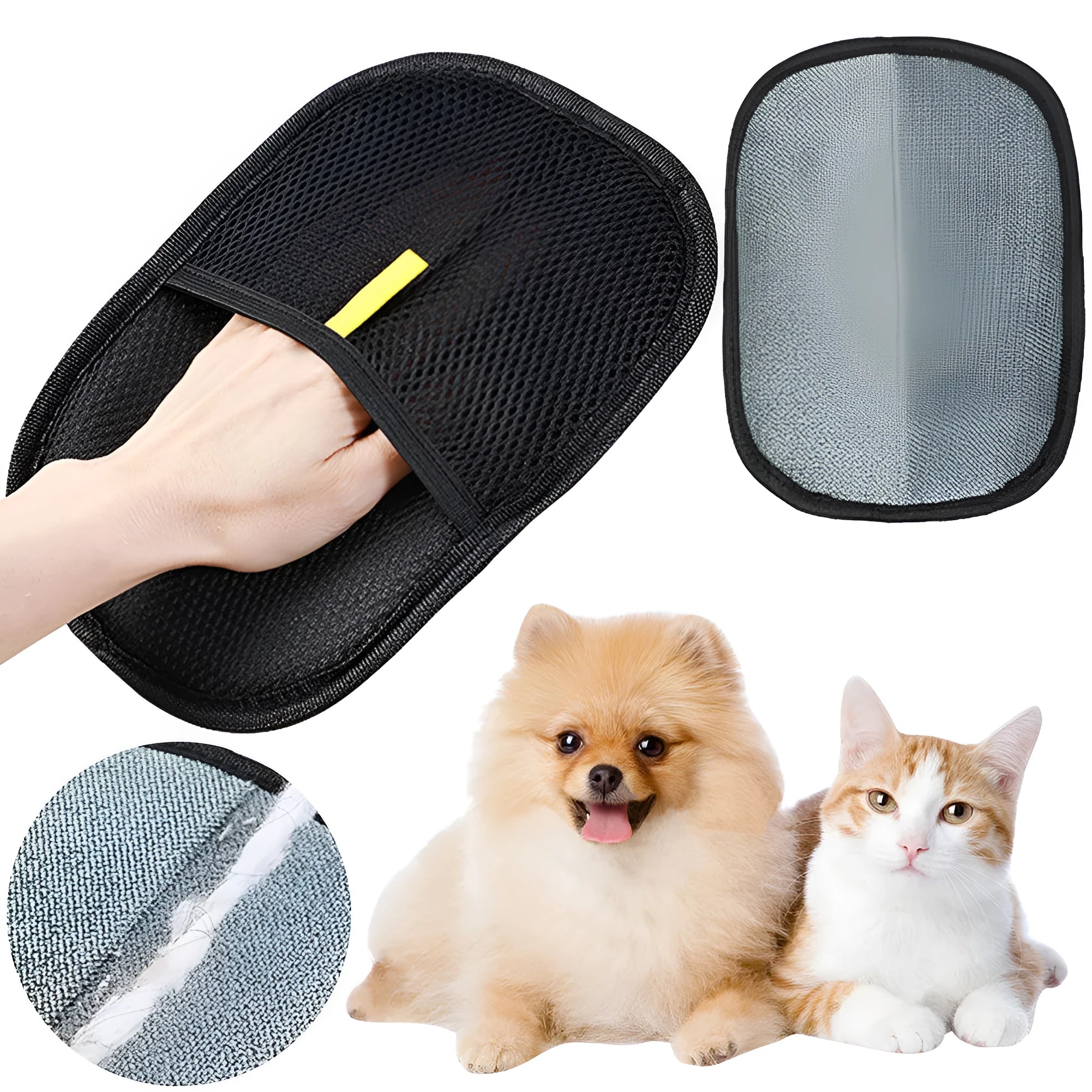 Black pet hair remover glove with soft silicone bristles on a hand, showing the dual-sided design.
