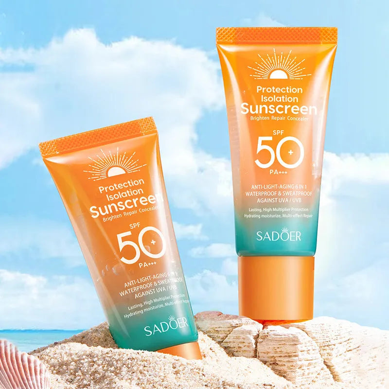 Double tube sunscreen packaging showing 50g net content with repair isolation properties