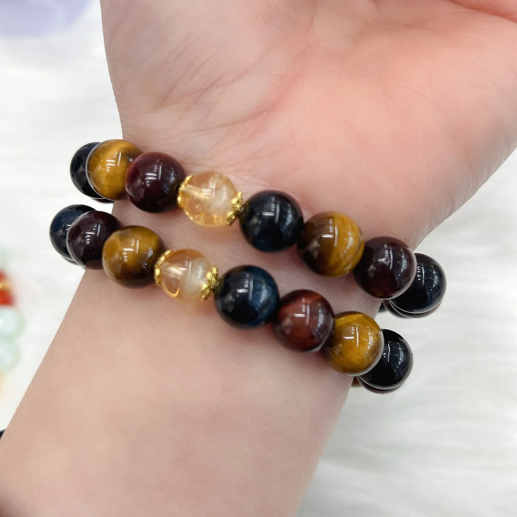 Natural tiger eye loose round beads long chain bracelet with Maillard styling measuring 18cm