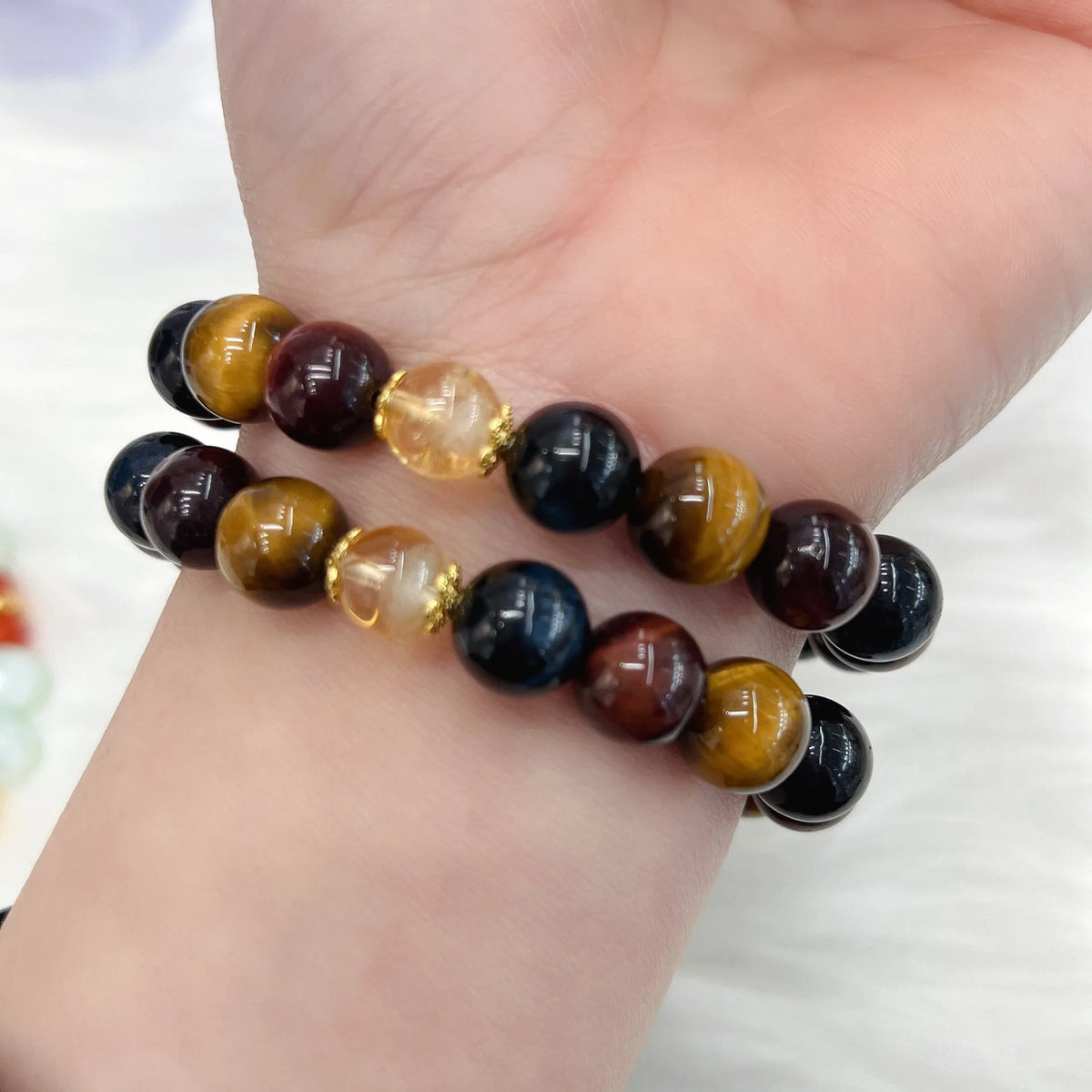 Natural tiger eye loose round beads long chain bracelet with Maillard styling measuring 18cm