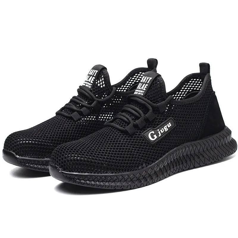 Men's Flyknit steel toe work shoes in black colour showing breathable upper construction