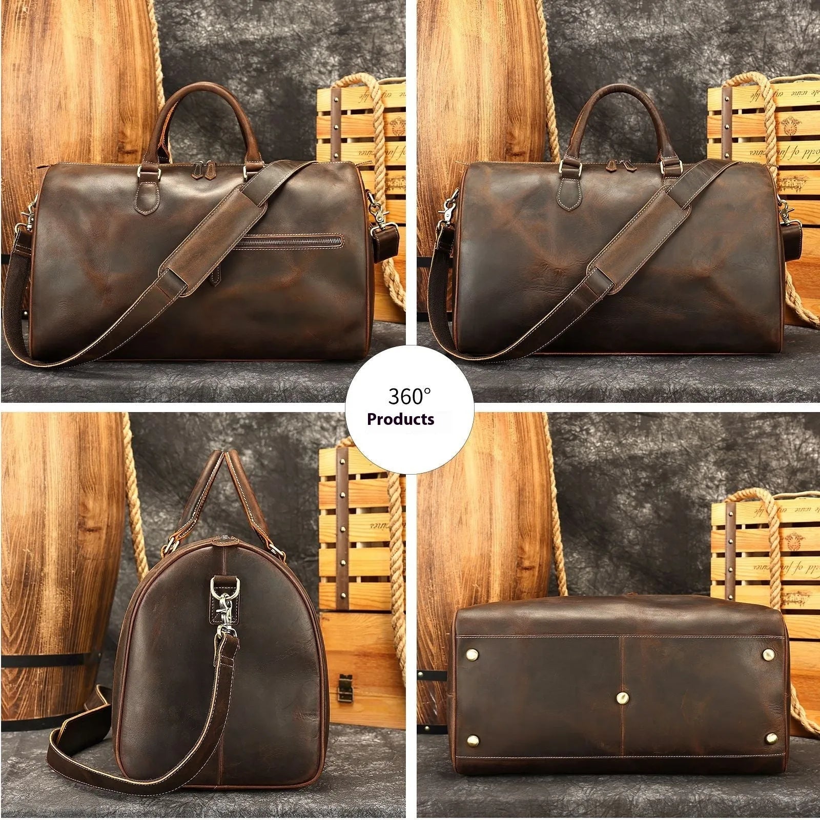 Large vintage-style genuine leather crossbody bag for men in black, shown with dimensions.