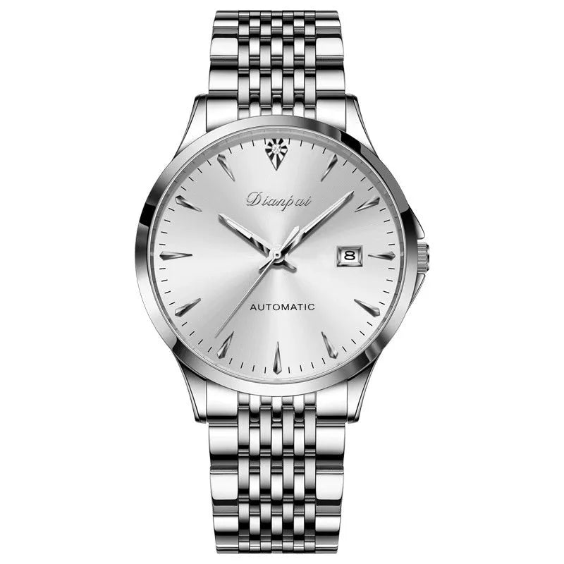 Men's automatic mechanical watch with stainless steel case and strap, simple dial, available in white, black, blue colours