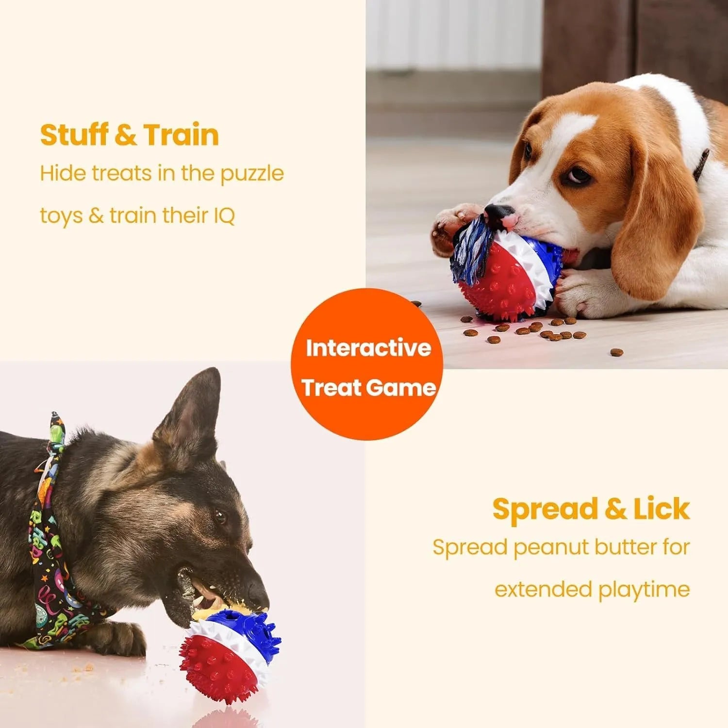 Blue and red squeaky dog toy with treat dispenser and dental care bumps for aggressive chewers