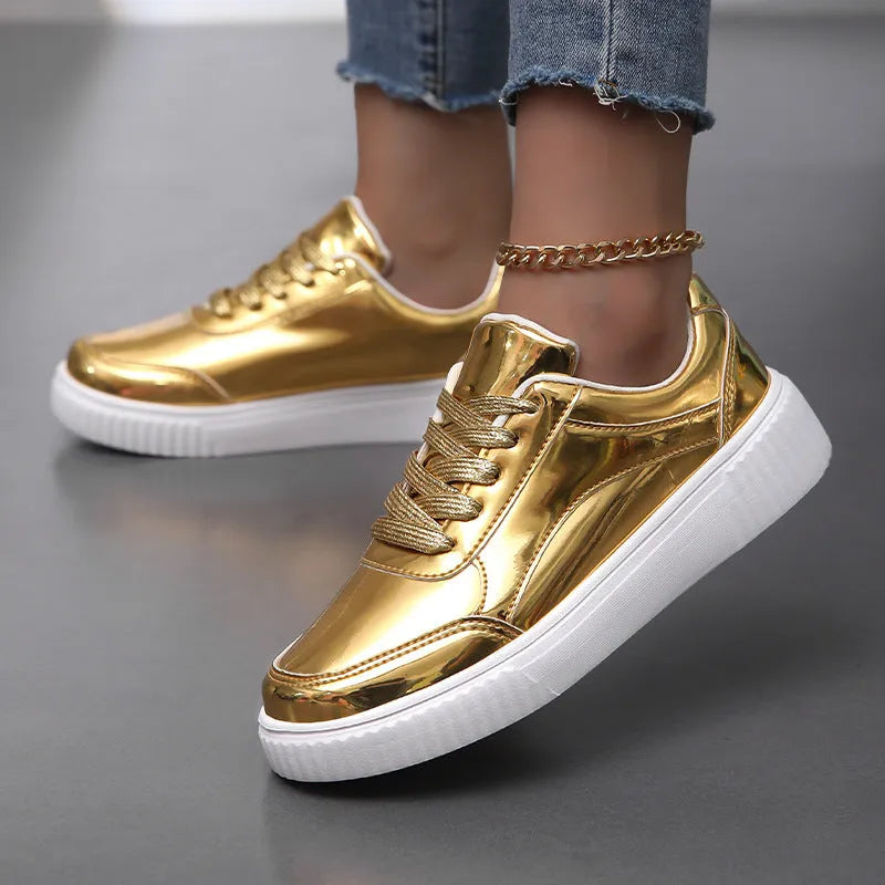Rose gold and gold sequin platform sneakers with thick MD sole and stitching detail.