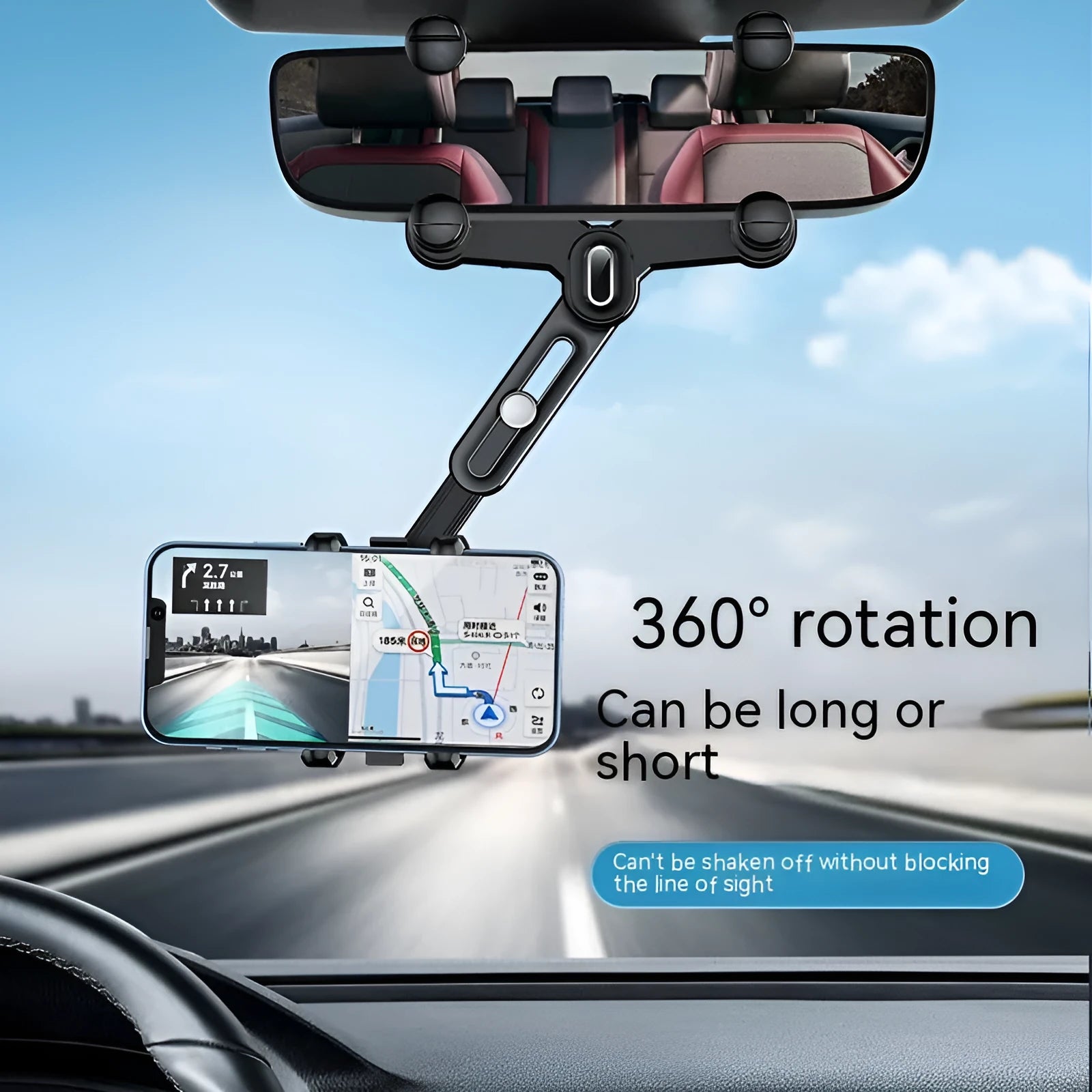 Universal retractable phone holder mounted on car rearview mirror showing 4.0-7.0 inch device capacity