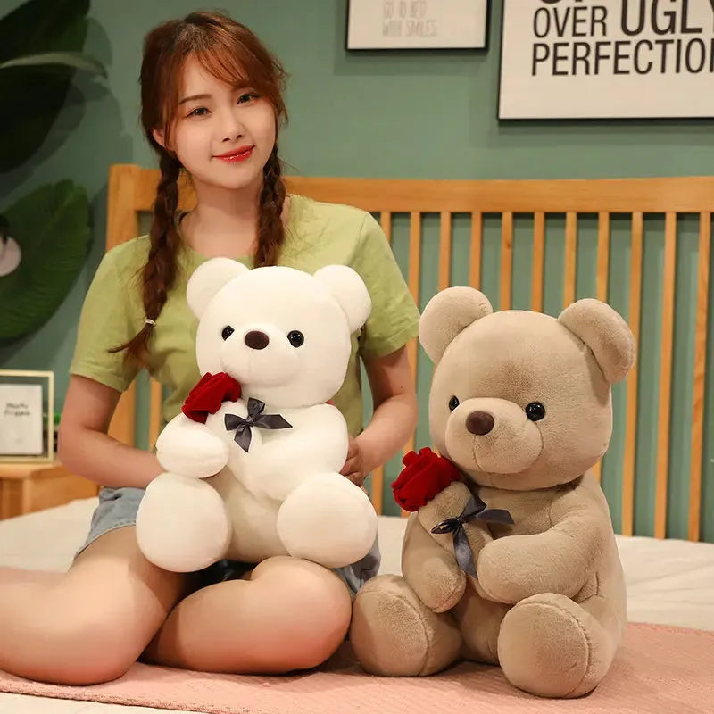 Rose bear plush pillow toy in beige, brown or grey with 23cm to 45cm height options