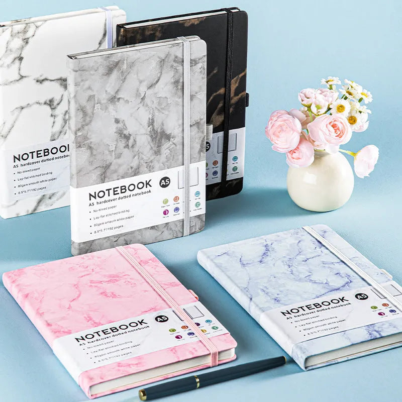 A5 PU leather strap diary with horizontal line pages in various colours including Marble Black and Skin Feeling Cyan