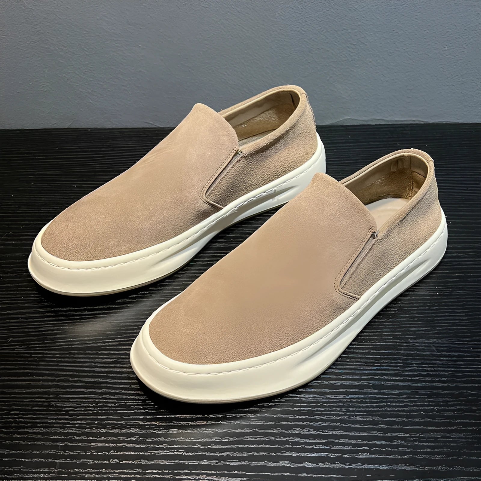 Men's grey and apricot casual shoes with PU upper and mid-heel