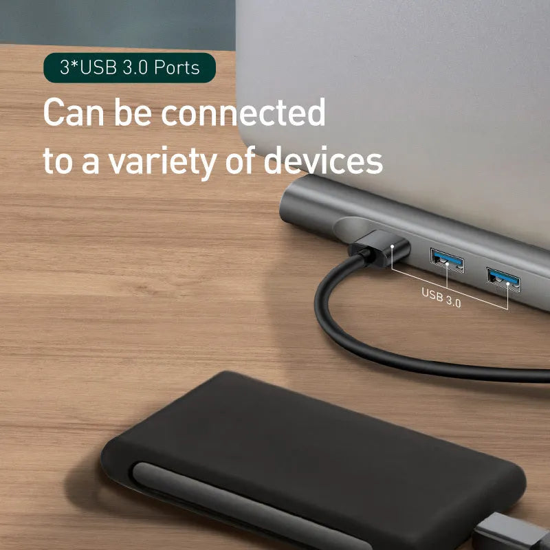 Grey ten-port docking station with cooling bracket measuring 45cm long, showing HDMI, VGA, network, and USB connections