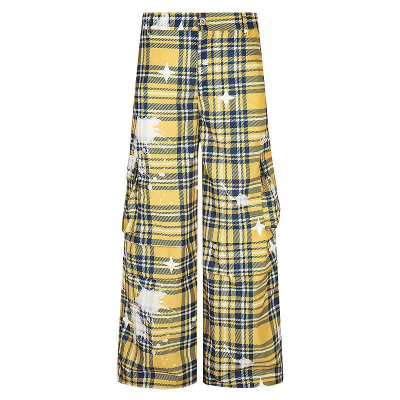 Men's blue and yellow plaid straight-leg trousers laid flat showing retro pattern