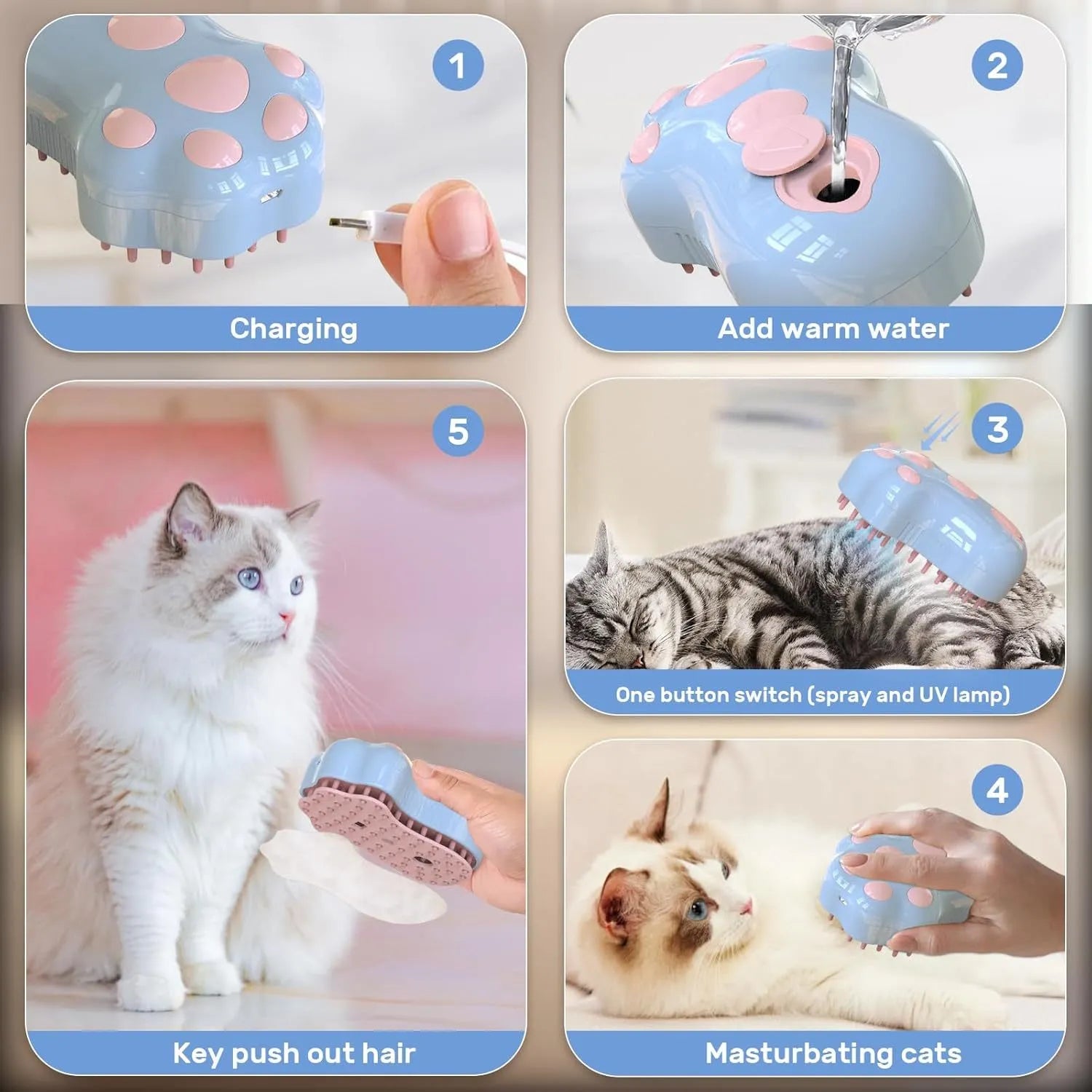 Blue self-cleaning cat steam brush with silicone heads and release button for pet grooming