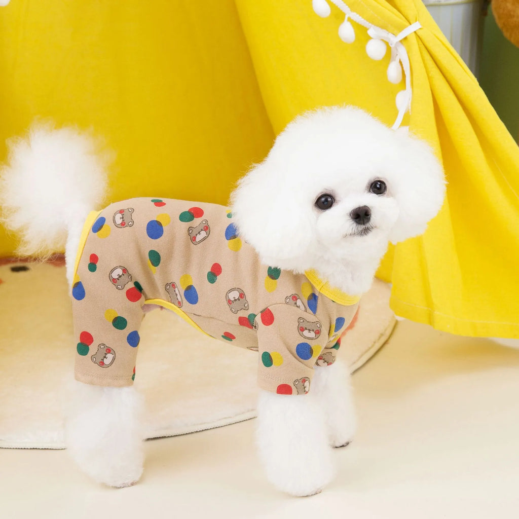Dog wearing colourful ball bear design cotton spandex blend pet clothes in beige colour