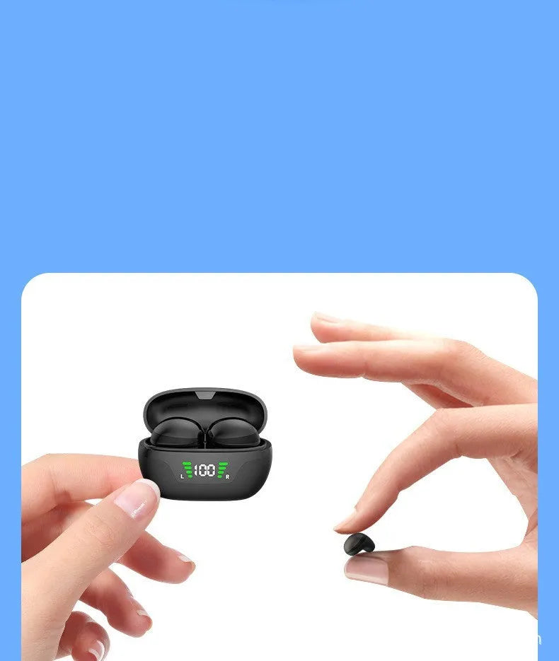 Black Super Mini wireless Bluetooth in-ear headset with charging cable.