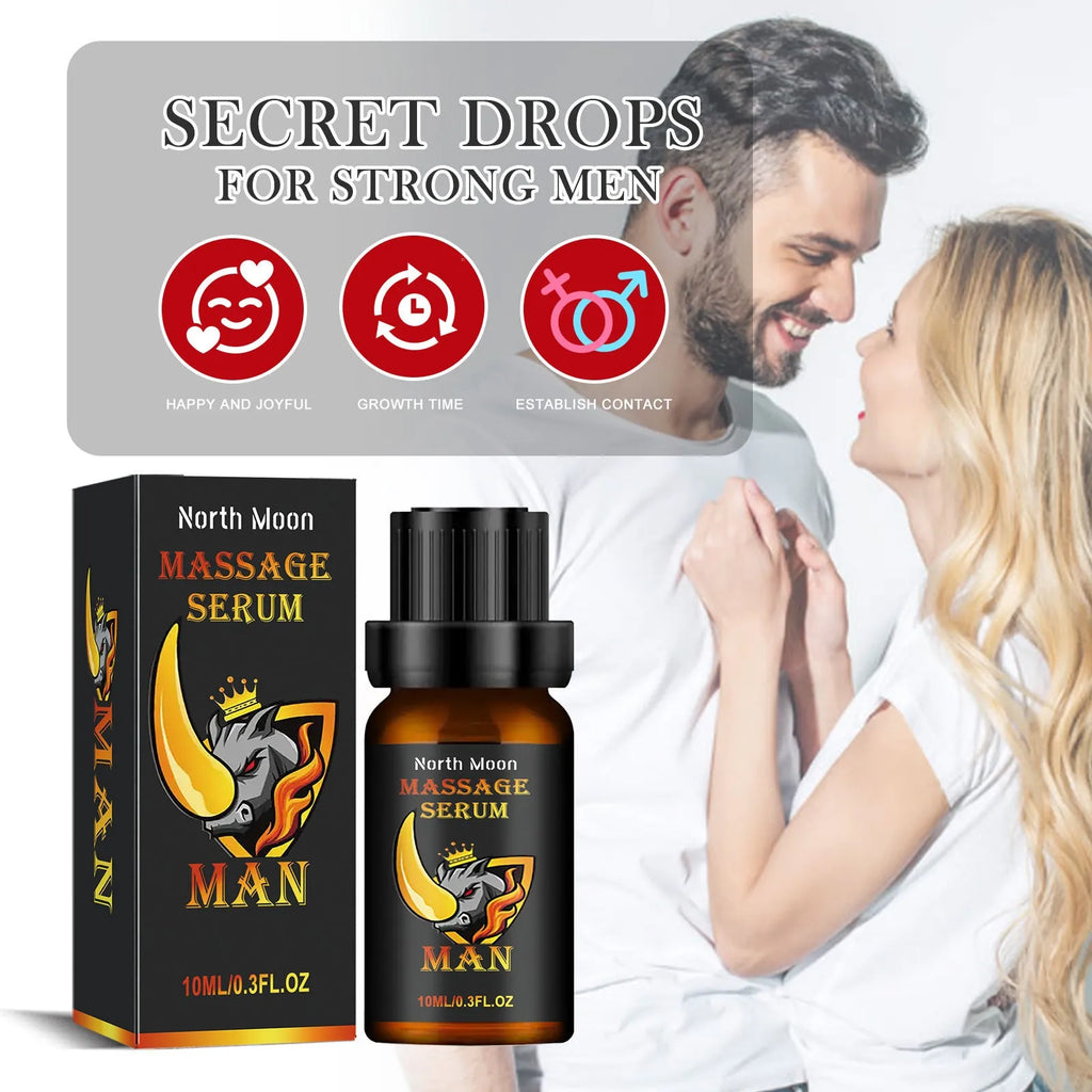 10ml bottle of men's massage essential oil with mineral oil, jojoba oil, and ginger root oil for external application