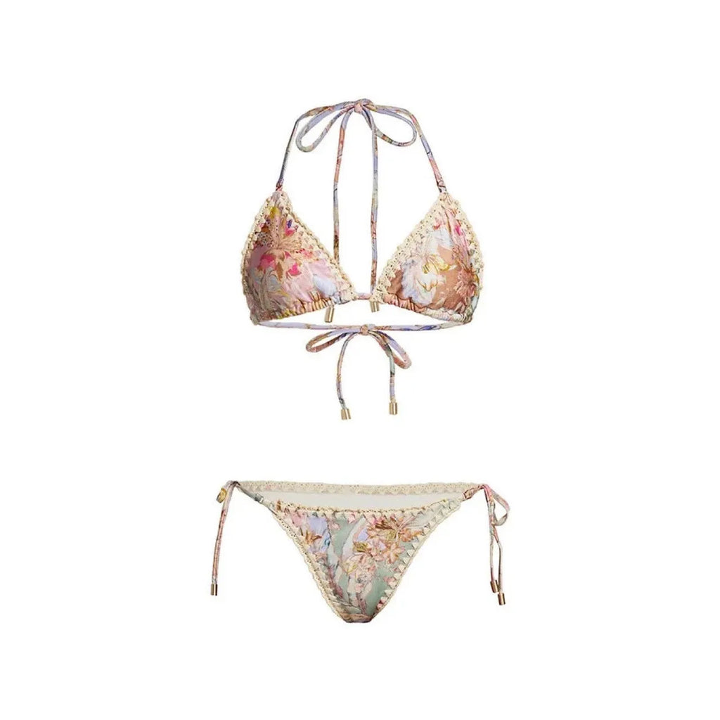 Women's floral bikini suit with skirt in creamy-white nylon for beach swimming