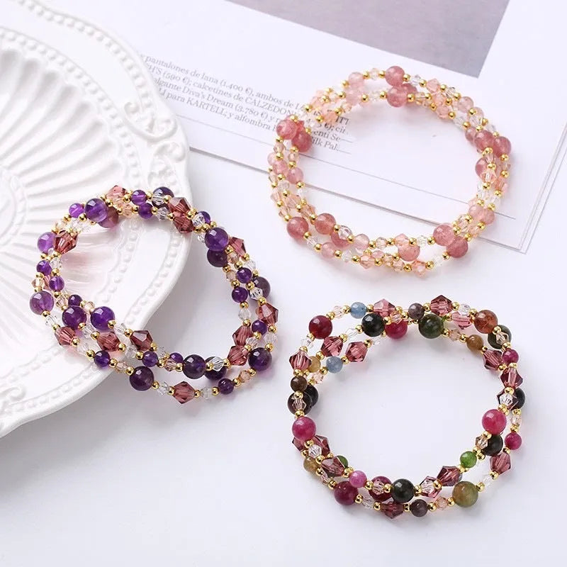 Adjustable three-ring crystal bracelet for women with 51-52cm length in amethyst, strawberry quartz, or tourmaline colours