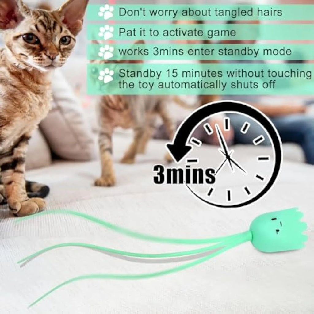Green automatic cat wand toy with swinging silicone tails, 38cm length, for indoor cat entertainment