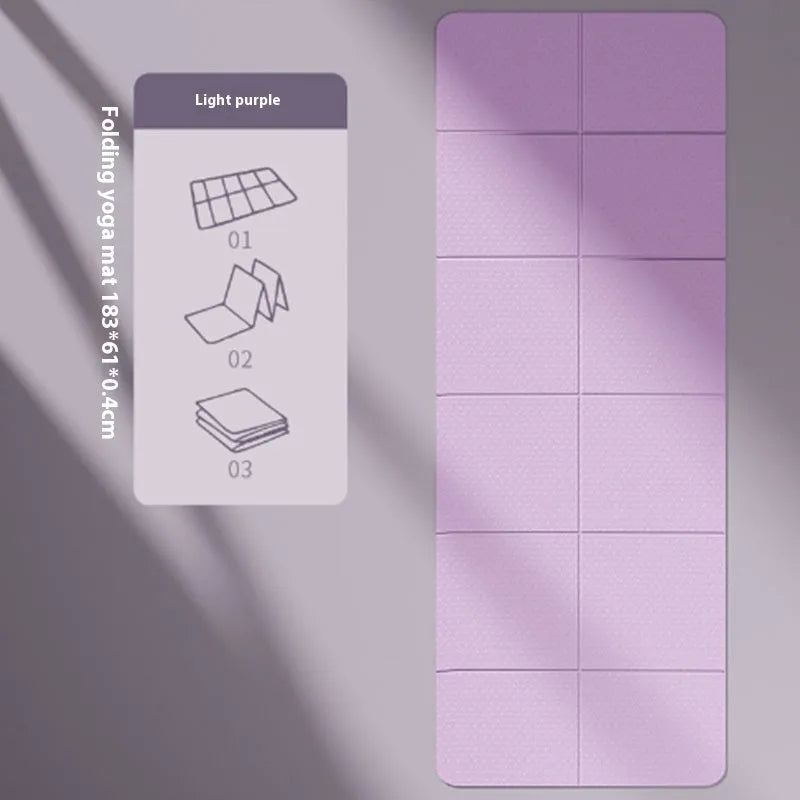TPE folding gymnastic mat showing six-fold design with 183cm length and 0.4cm thickness for fitness exercises