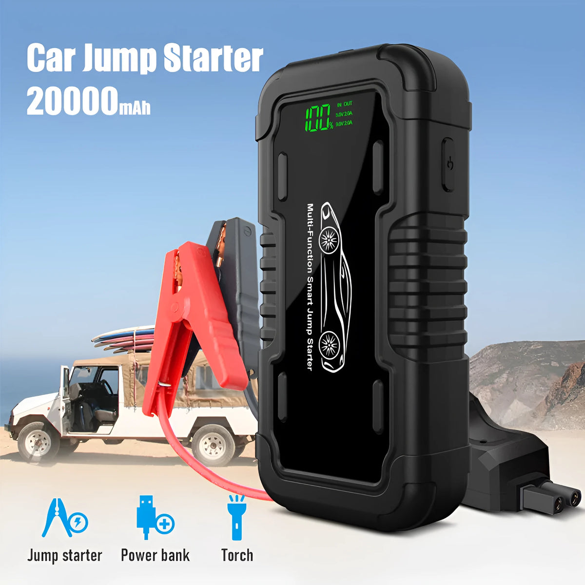 20000mAh car jump starter power supply with LED lighting, Type-C cable, and electric clamp bottles.