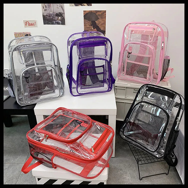 Transparent PVC waterproof backpack with a coloured inner voile bag, showing dimensions of 30cm by 16cm by 44cm.