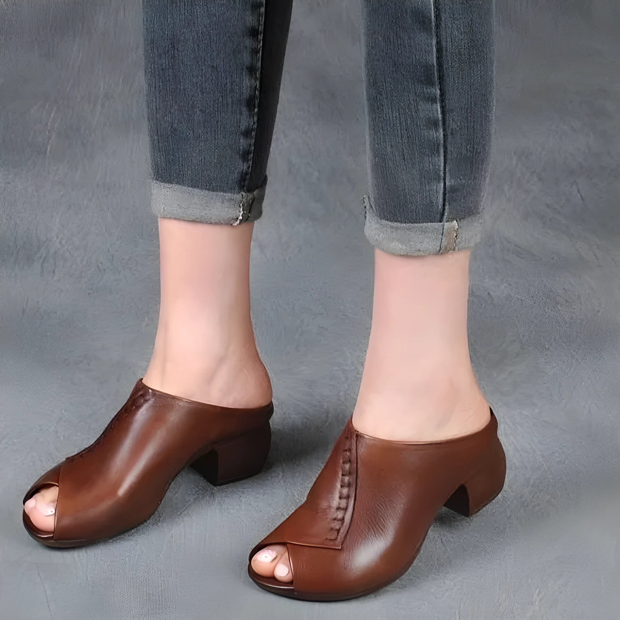 Women's black square heel peep-toe slippers with PU upper and rubber sole