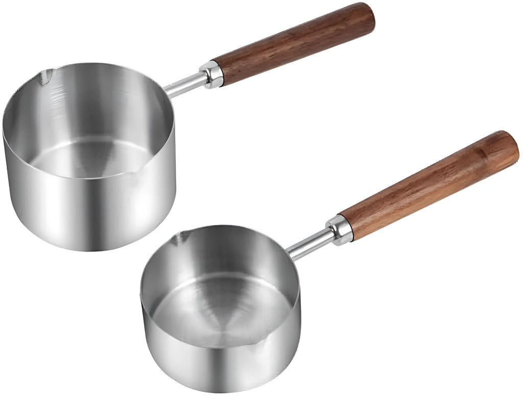 304 stainless steel dog food scoop with wooden handle and measuring cup design for dry pet food, small and large sizes available.