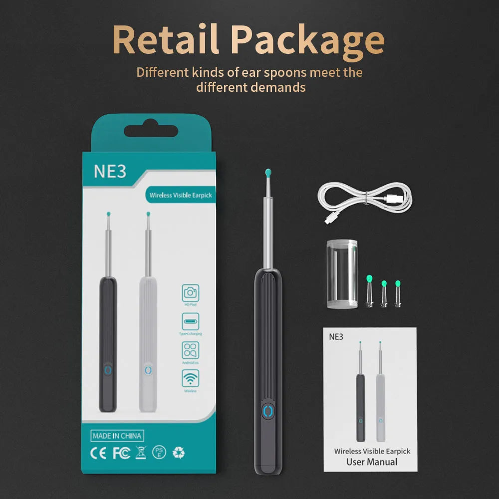 Black and white wireless otoscope ear cleaner with camera, LED light, and spoon heads on a table.