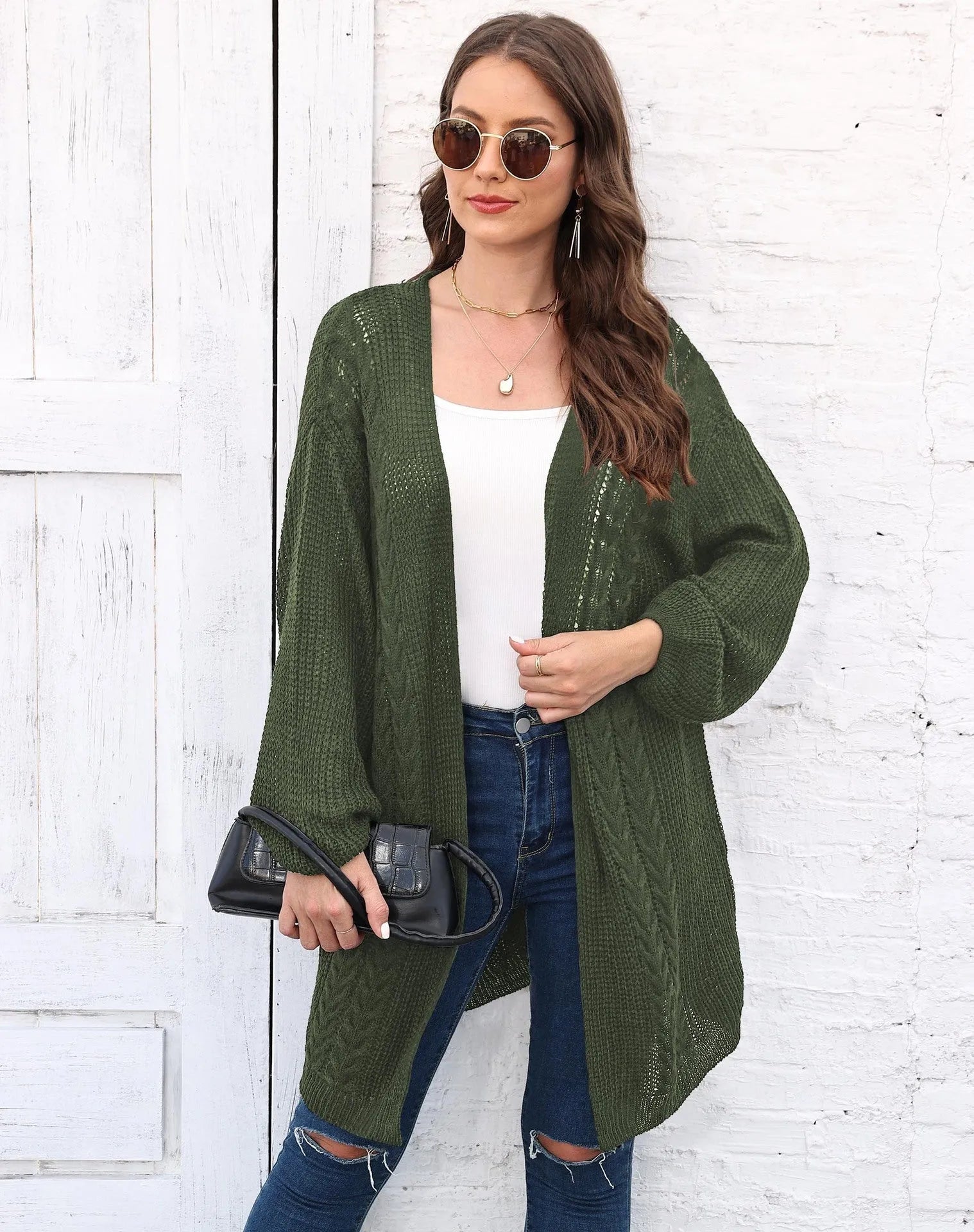 Women's loose acrylic sweater coat in free size, solid colour options including army green and rose red