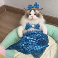 Blue pet mermaid costume with fishtail and elastic chest strap on a small cat