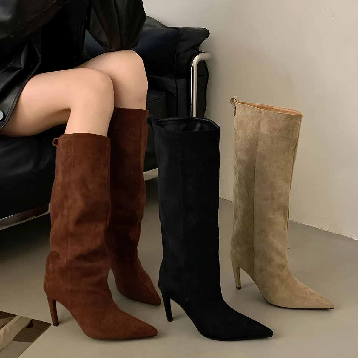 Women's satin pointed toe stiletto high boots in black, apricot or coffee, sizes 35 to 40