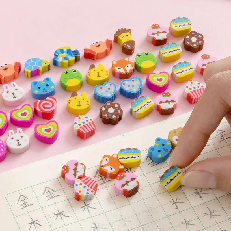 Open pearlescent film bag showing 50 small colourful cartoon fruit and theme erasers, each measuring 1-1.5 cm.