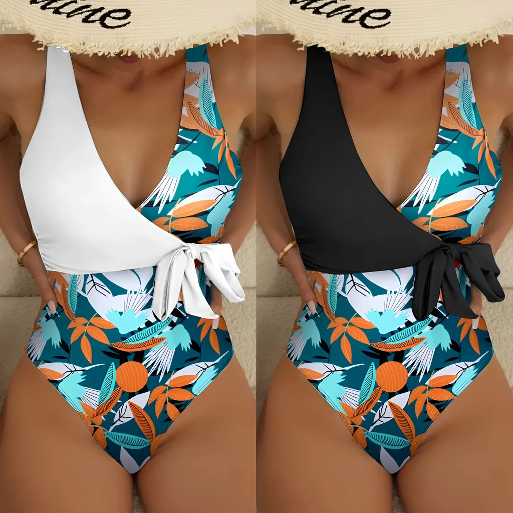 Women's high-waist one-piece swimsuit in printed pattern with quick-dry polyester fabric