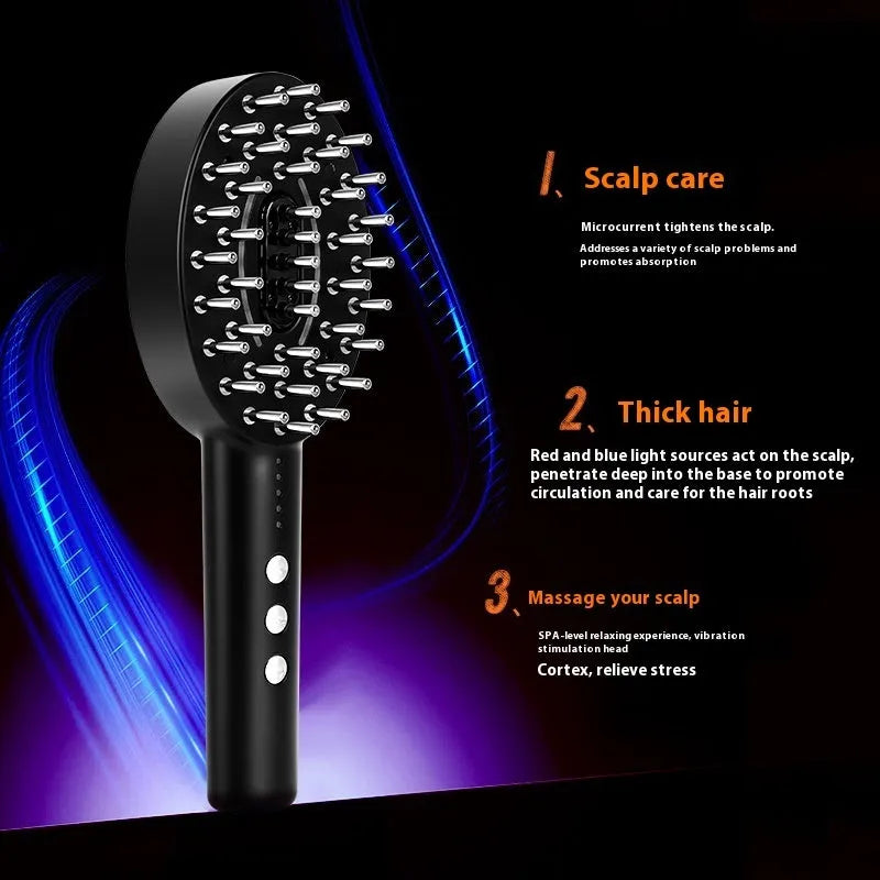 Black handheld scalp massage device with silicone nodes, showing ergonomic grip and control buttons