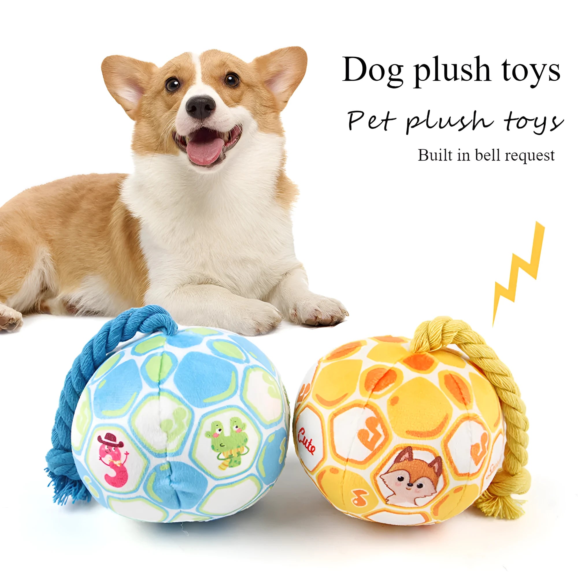 Blue and yellow elastic football dog toy made from cotton rope for tug of war and teeth grinding.