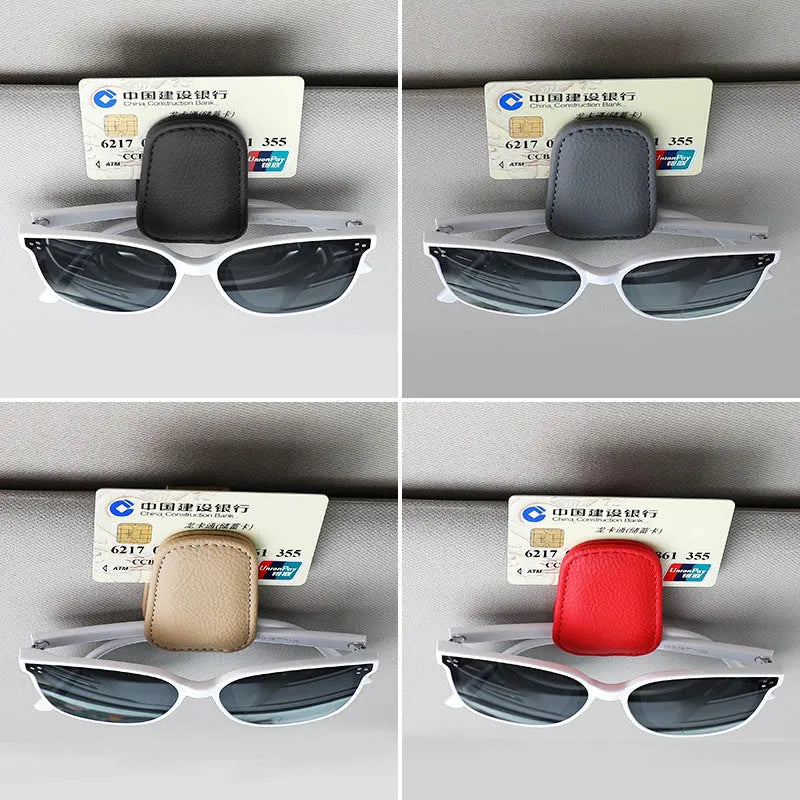 Car sunglasses holder clip with PU leather case attached to vehicle sun visor