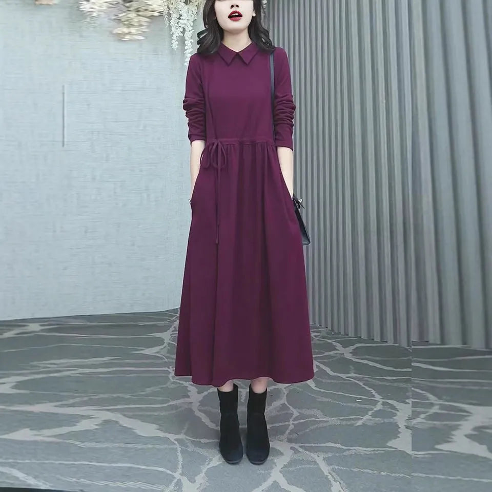 Purplish red long-sleeve dress with extra-long sleeves and long skirt for autumn and winter, available in sizes S to 3XL.