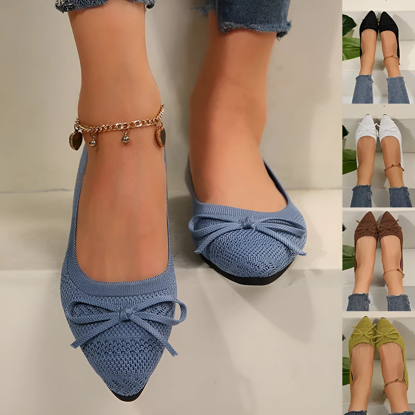 Women's knitted bow loafers with pointed-toe design in multiple colour options showing flat heel and rubber sole