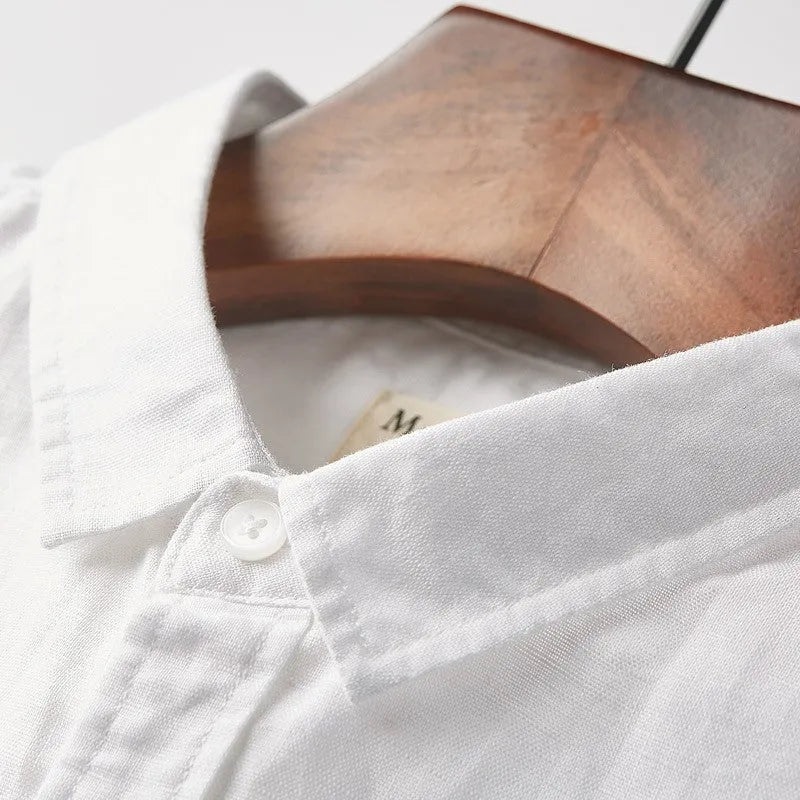 Men's square collar linen short sleeve shirt in loose fit casual style