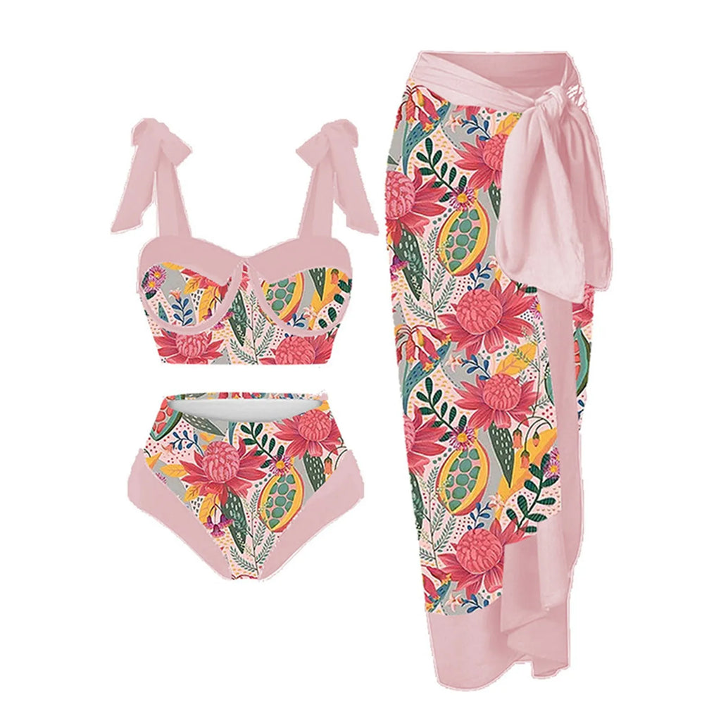 Women's printing split swimsuit three-piece set showing floral pattern on high elasticity polyester fabric