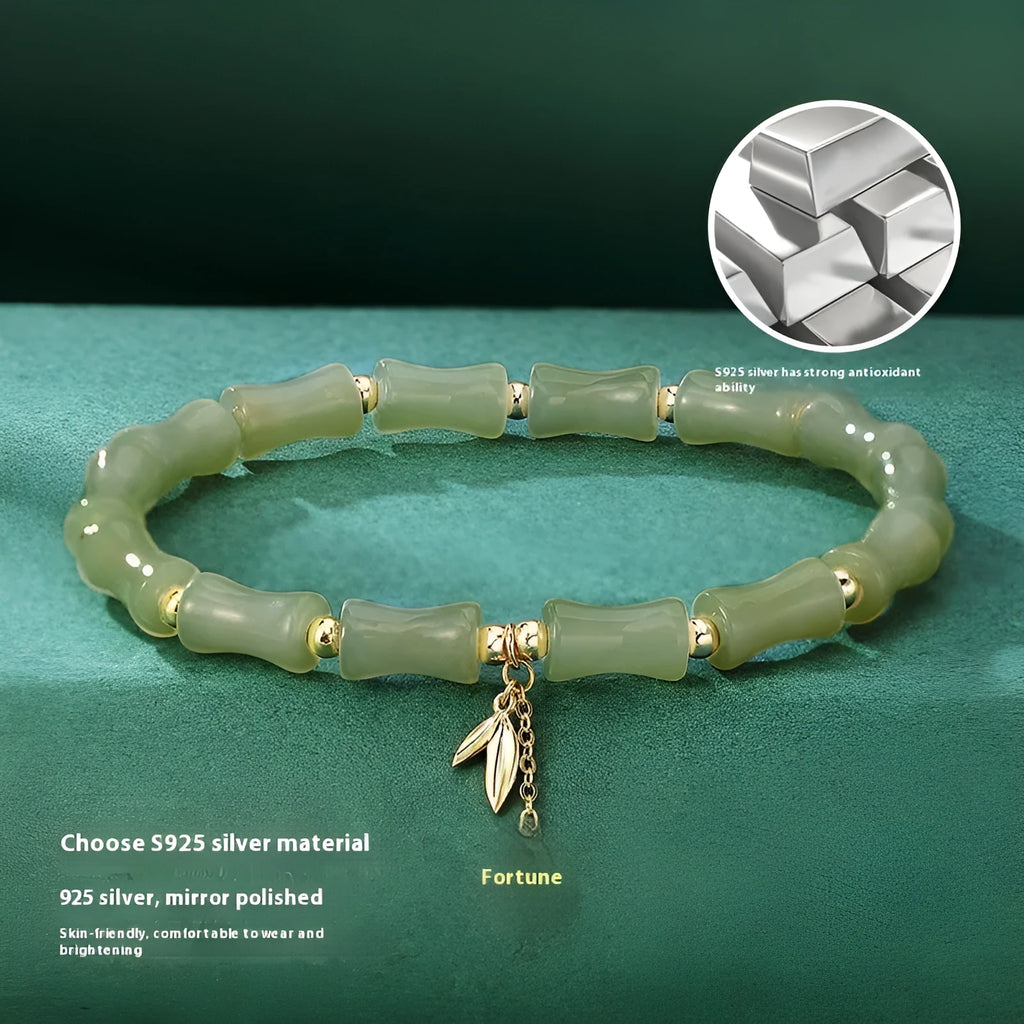 Chinese bamboo jade bracelet and necklace set with green jade details and safety clasp