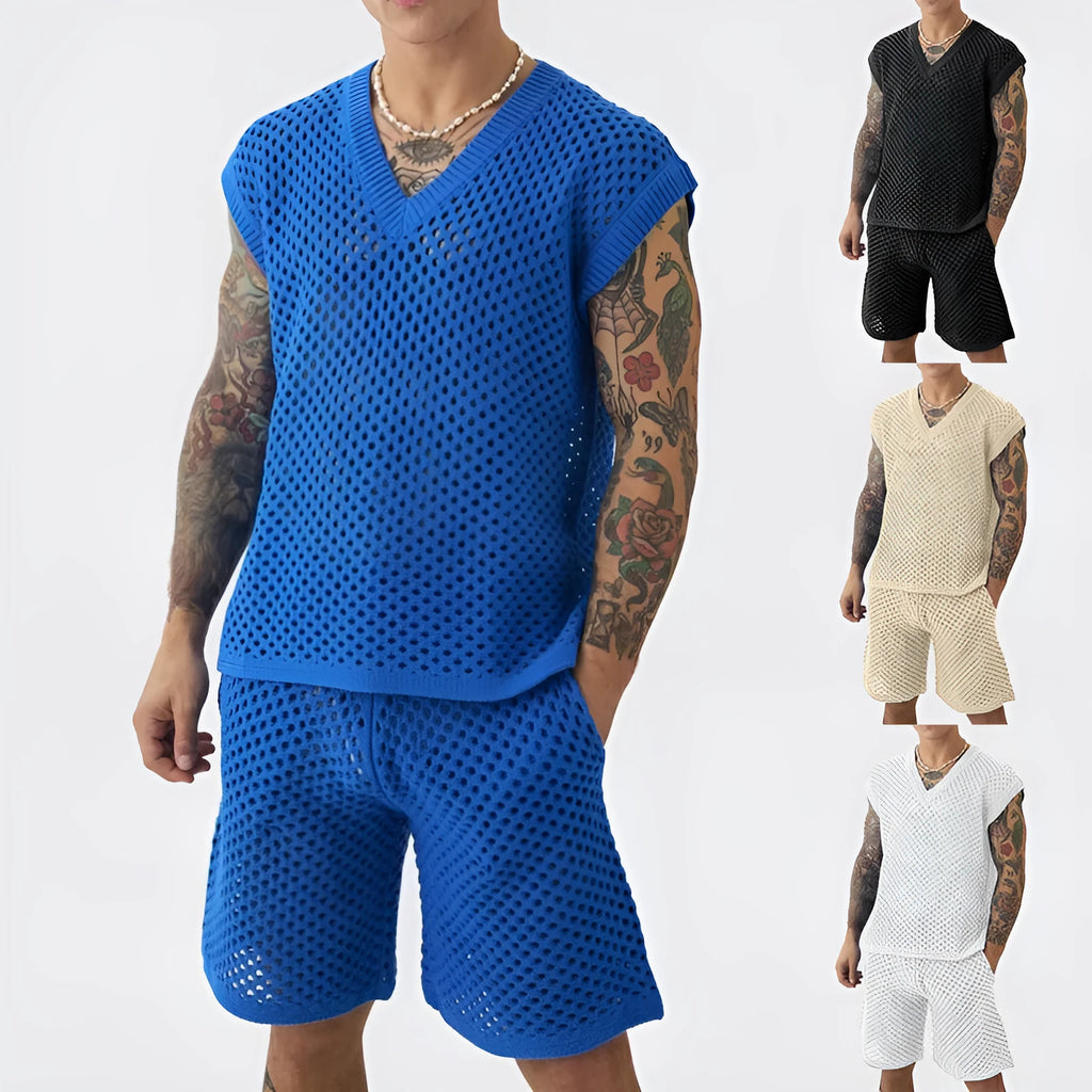 Men's blue V-neck sleeveless vest and matching shorts sports set laid flat.