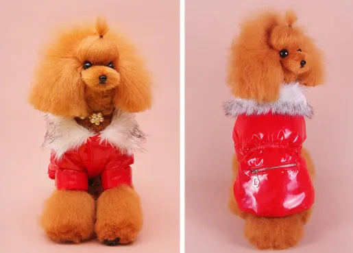 Four-legged fleece-lined cotton pet jacket in bright red, royal blue, black, gold, sky silver, green or pink