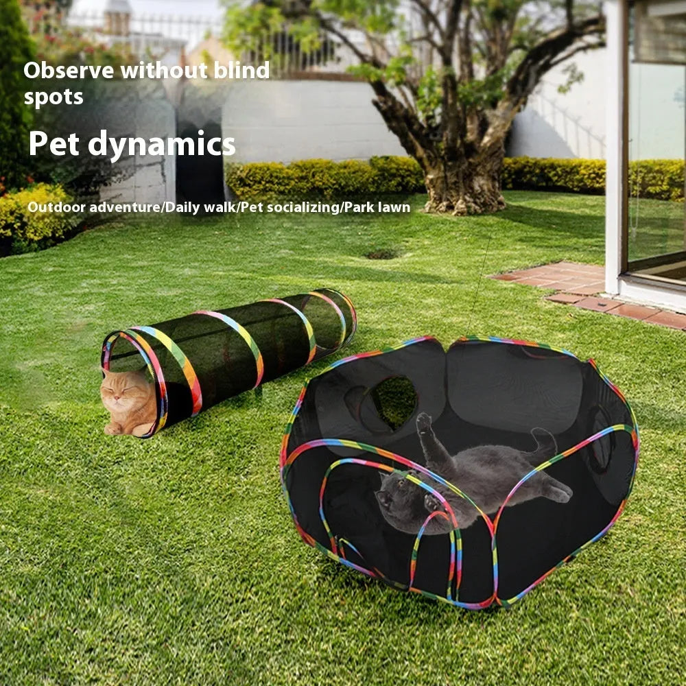 Foldable mesh cat roll cage in various shapes for pet play, including hexagonal and tent styles
