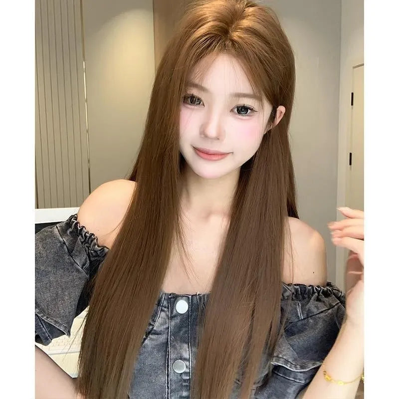 Warm brown lace front wig with centre part, side bangs and long straight synthetic hair