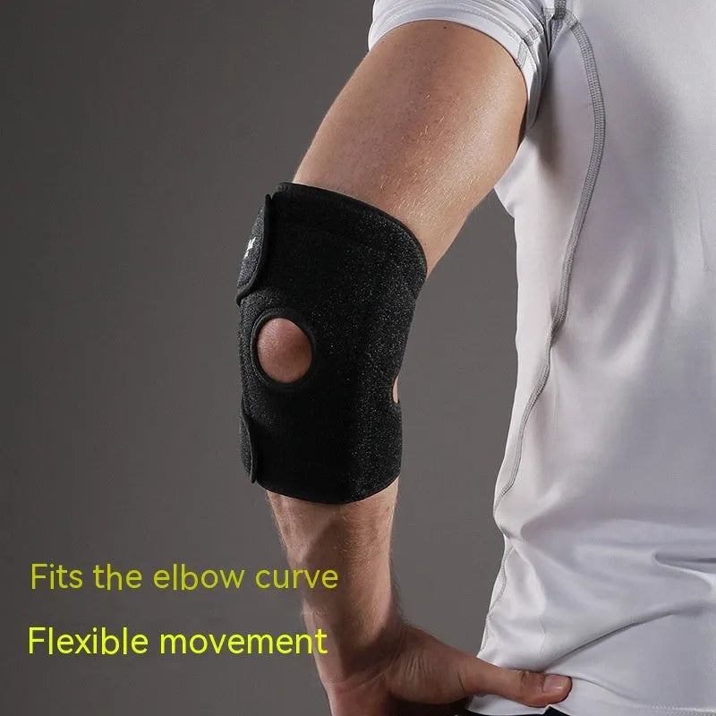 Black adjustable sports elbow guard for adult multi-sport training and protection.
