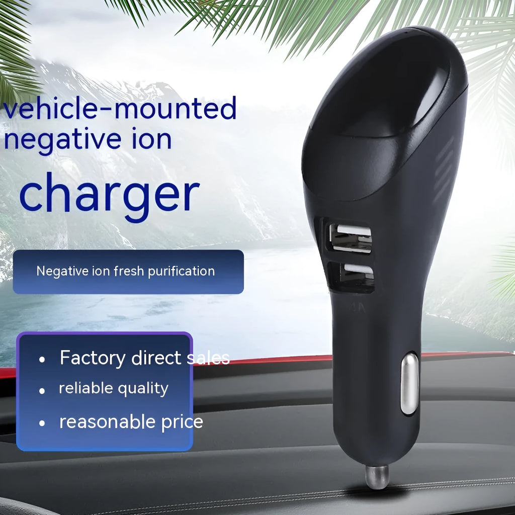 White car USB charger and negative ion air purifier unit with compact design.