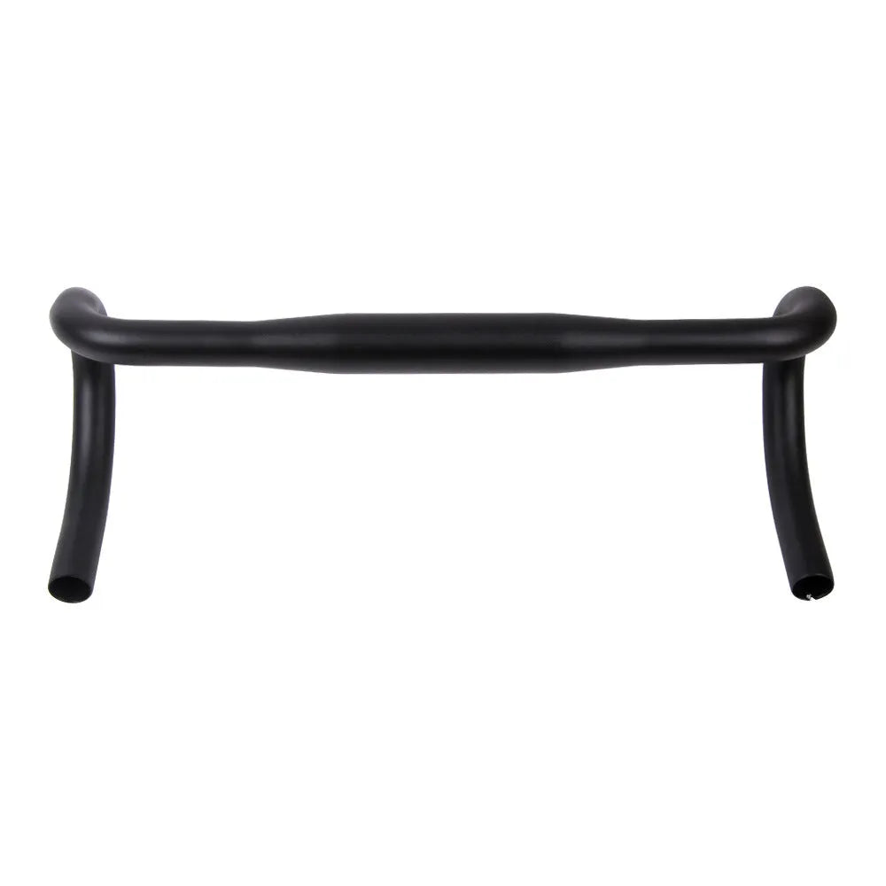 Black aluminium road bike drop handlebar with small bent shape and UNO printing marks