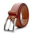 Men's leather belt with 95 grain pattern in brown, showing alloy buckle and adjustable length up to 130cm