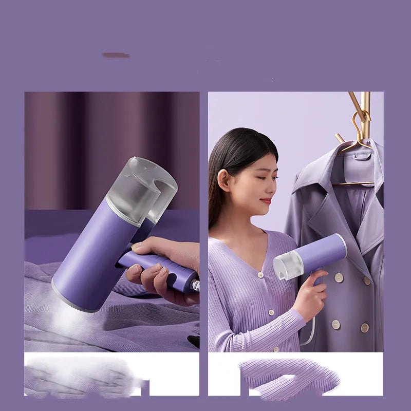 Portable handheld garment steamer in grey lotus root purple colour, shown with foldable design and water filling opening.